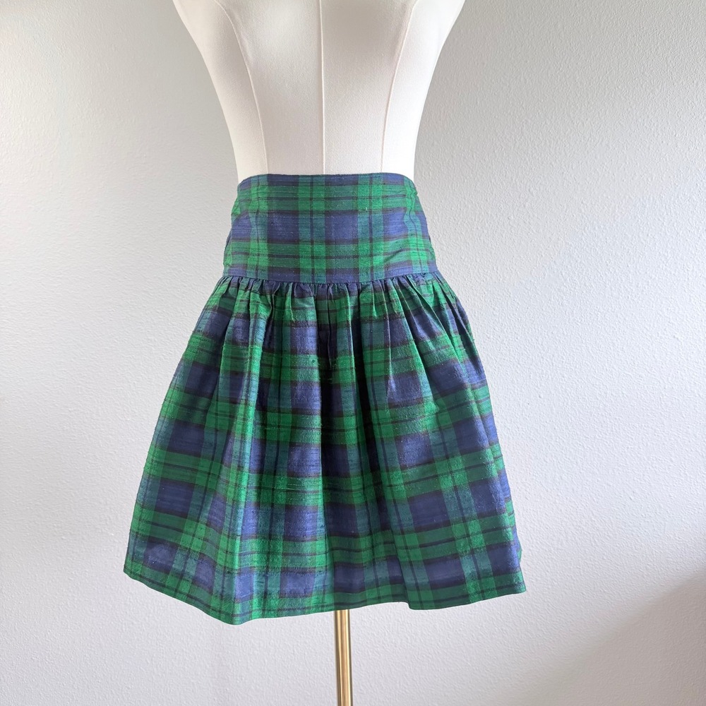 Kids Simi Vintage 100% Silk Plaid Pleated Mini Skirt Green Blue 90s Preppy Sz 10
